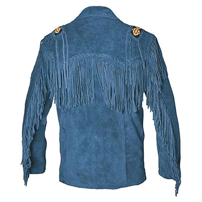 Blue Western Suede Leather Fringe Beaded Cowboy Jacket NLS-220