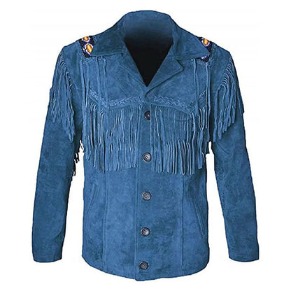 Blue Western Suede Leather Fringe Beaded Cowboy Jacket NLS-220