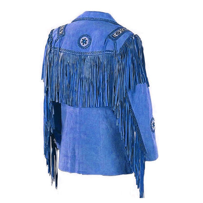Blue Western Suede Leather Fringe Beaded Cowboy Jacket NLS-221