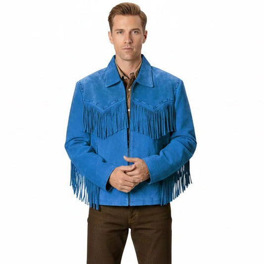 Man wearing a blue fringed jacket - Native Leather Shop