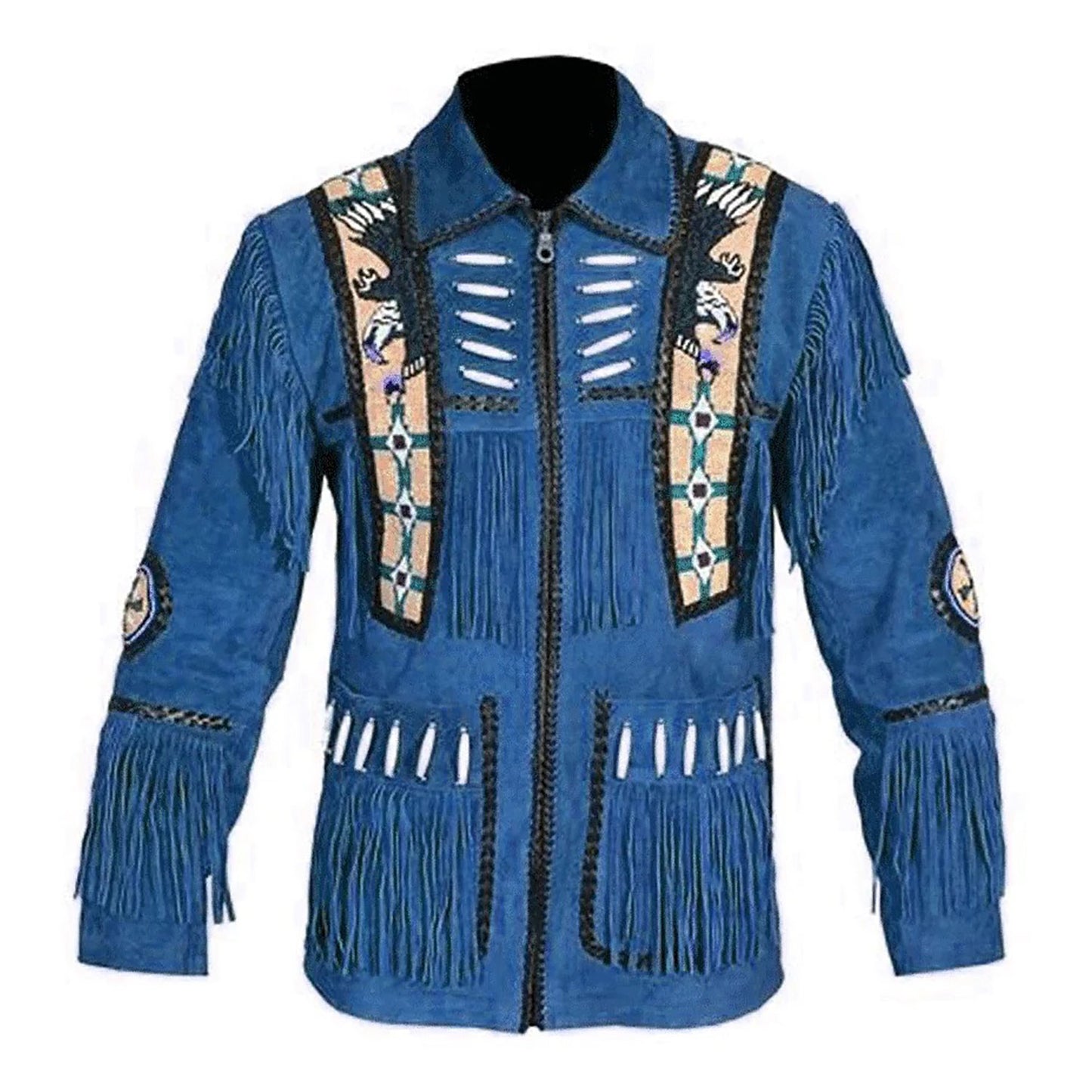 Blue Western Suede Leather Fringe Eagle Beaded Cowboy Jacket NLS-215