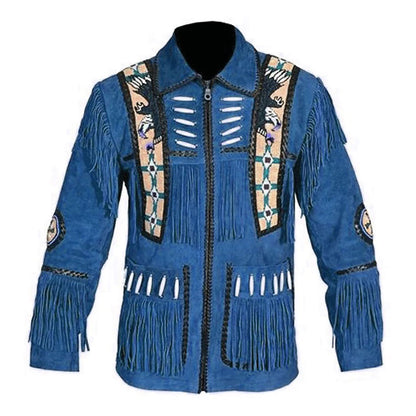 Blue Western Suede Leather Fringe Eagle Beaded Cowboy Jacket NLS-215