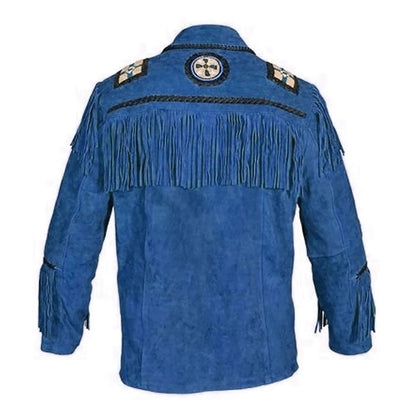 Blue Western Suede Leather Fringe Eagle Beaded Cowboy Jacket NLS-215