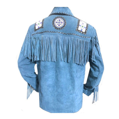 Blue Western Suede Leather Fringe Eagle Beaded Cowboy Jacket NLS-216