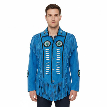 Blue Western Suede Leather Fringe Eagle Beaded Cowboy Jacket NLS-217