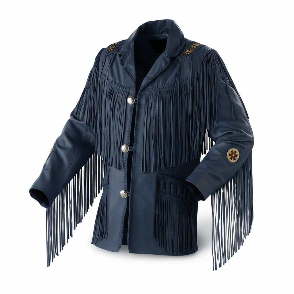 Grey Western Leather Fringe Beaded Cowboy Jacket NLS-058