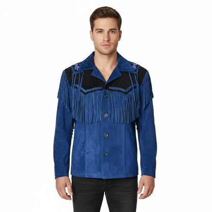 Blue Western Suede Leather Fringe Beaded Cowboy Jacket NLS-219
