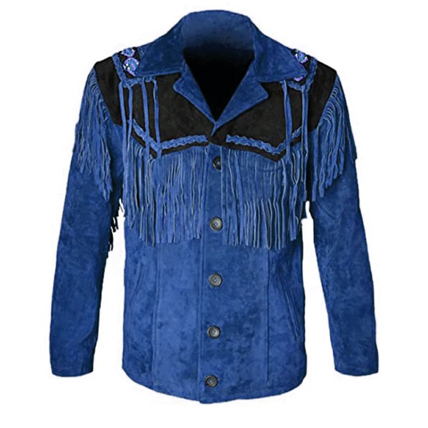 Blue Western Suede Leather Fringe Beaded Cowboy Jacket NLS-219