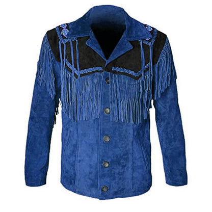 Blue Western Suede Leather Fringe Beaded Cowboy Jacket NLS-219