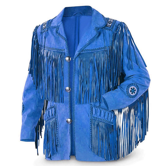 Blue Western Suede Leather Fringe Beaded Cowboy Jacket NLS-221