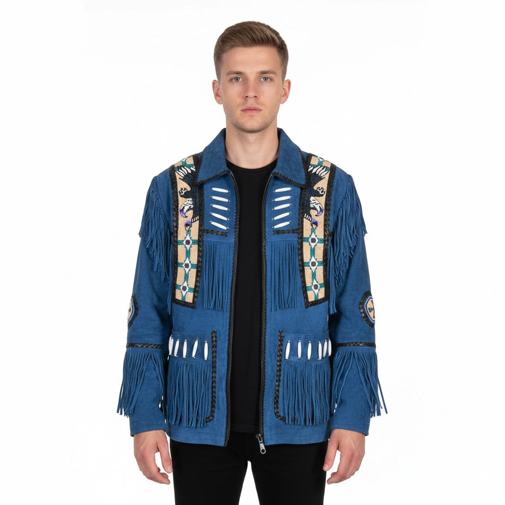 Man wearing a blue fringed jacket with decorative elements - Native Leather Shop