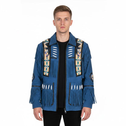 Man wearing a blue fringed jacket with decorative elements - Native Leather Shop