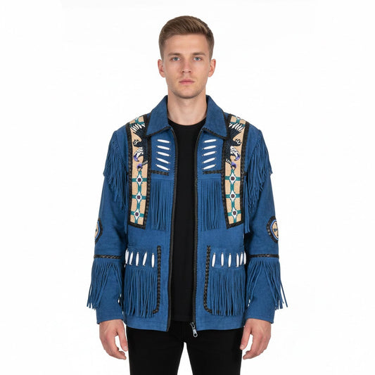 Man wearing a blue fringed jacket with decorative elements - Native Leather Shop