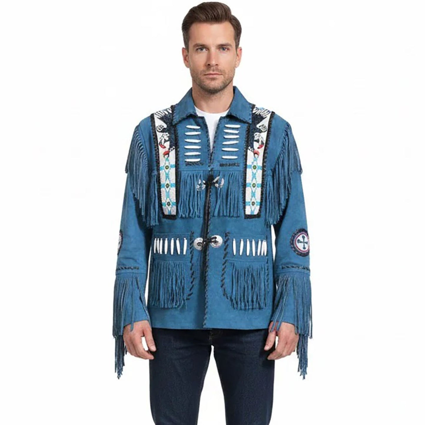 Blue Western Suede Leather Fringe Eagle Beaded Cowboy Jacket NLS-216