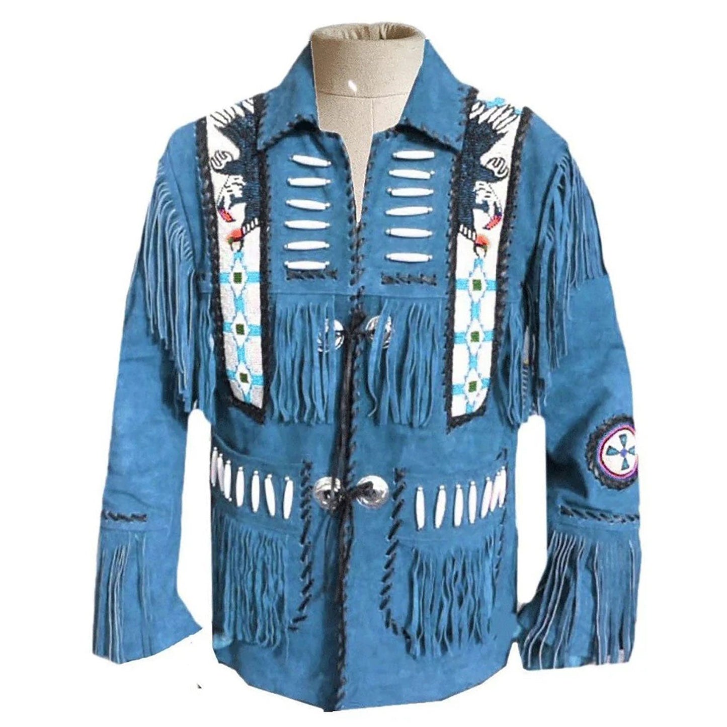 Blue Western Suede Leather Fringe Eagle Beaded Cowboy Jacket NLS-216