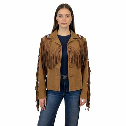 Brown Western Fringe Leather Jacket for Women Cowgirl Style NLS-070