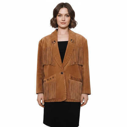 Brown Western Fringe Leather Jacket for Women Cowgirl Style NLS-071