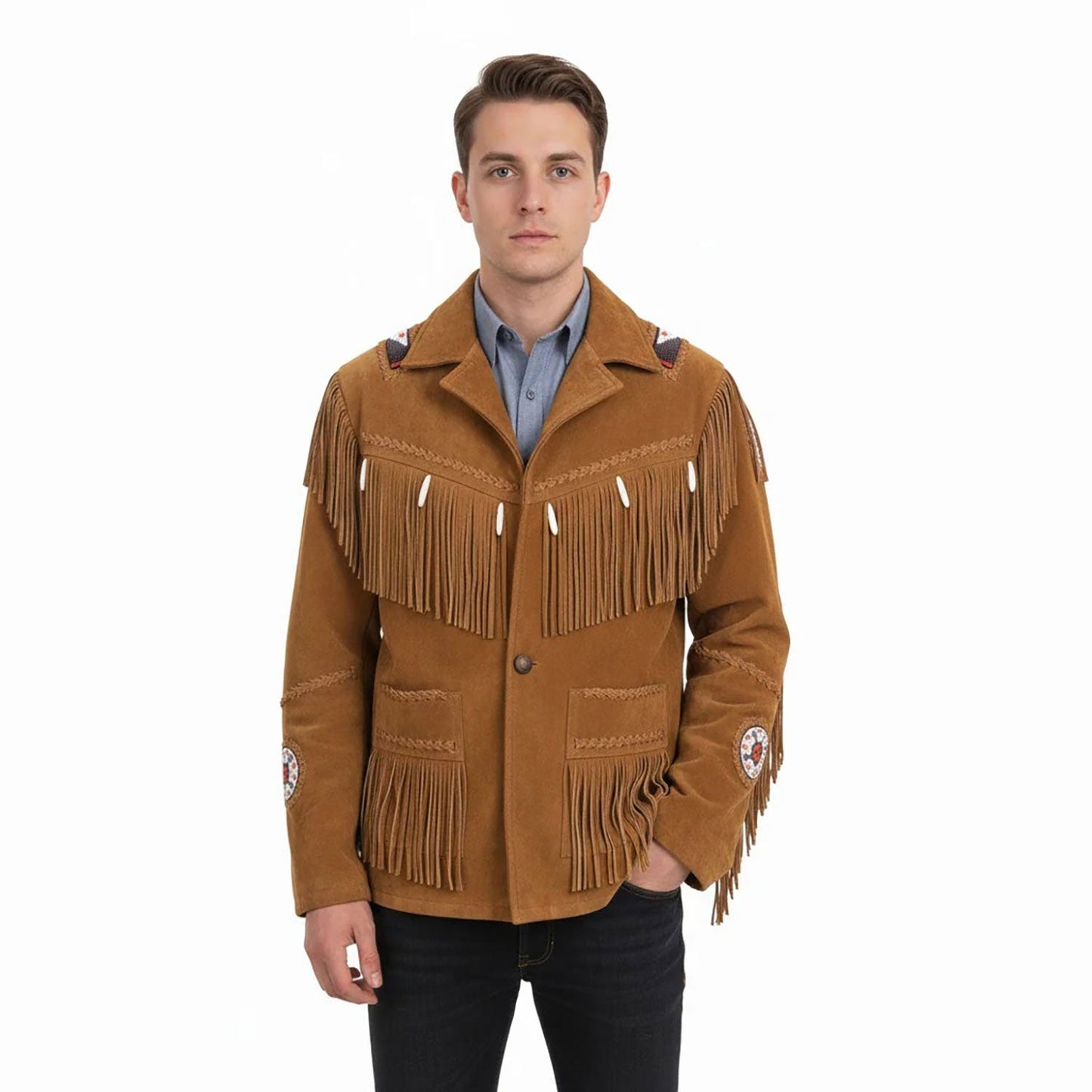 Man wearing a brown suede jacket with fringes - Native Leather Shop