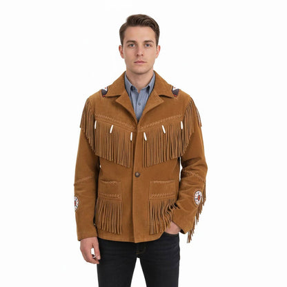 Man wearing a brown suede jacket with fringes - Native Leather Shop