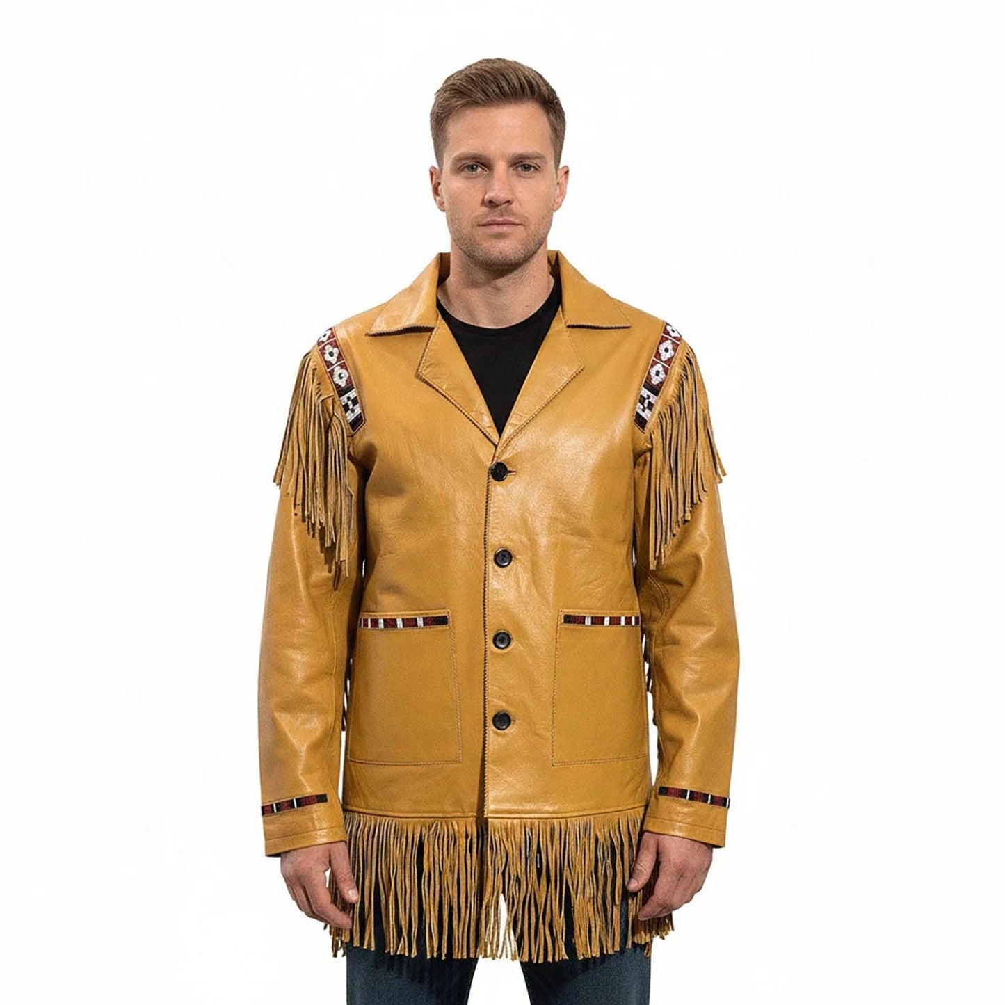 Man wearing a tan leather jacket with fringes and bead decorations - Native Leather Shop