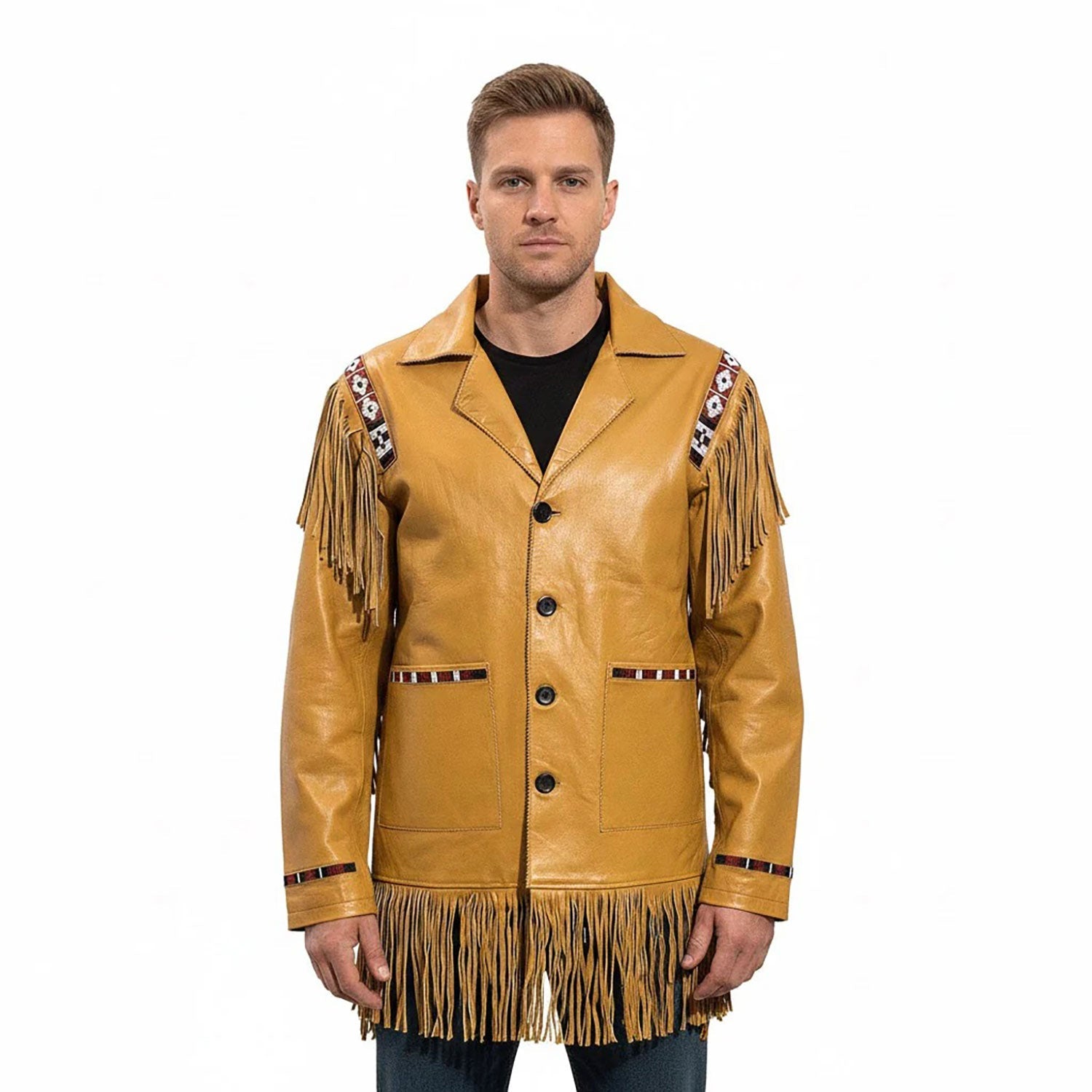 Man wearing a tan leather jacket with fringes and bead decorations - Native Leather Shop