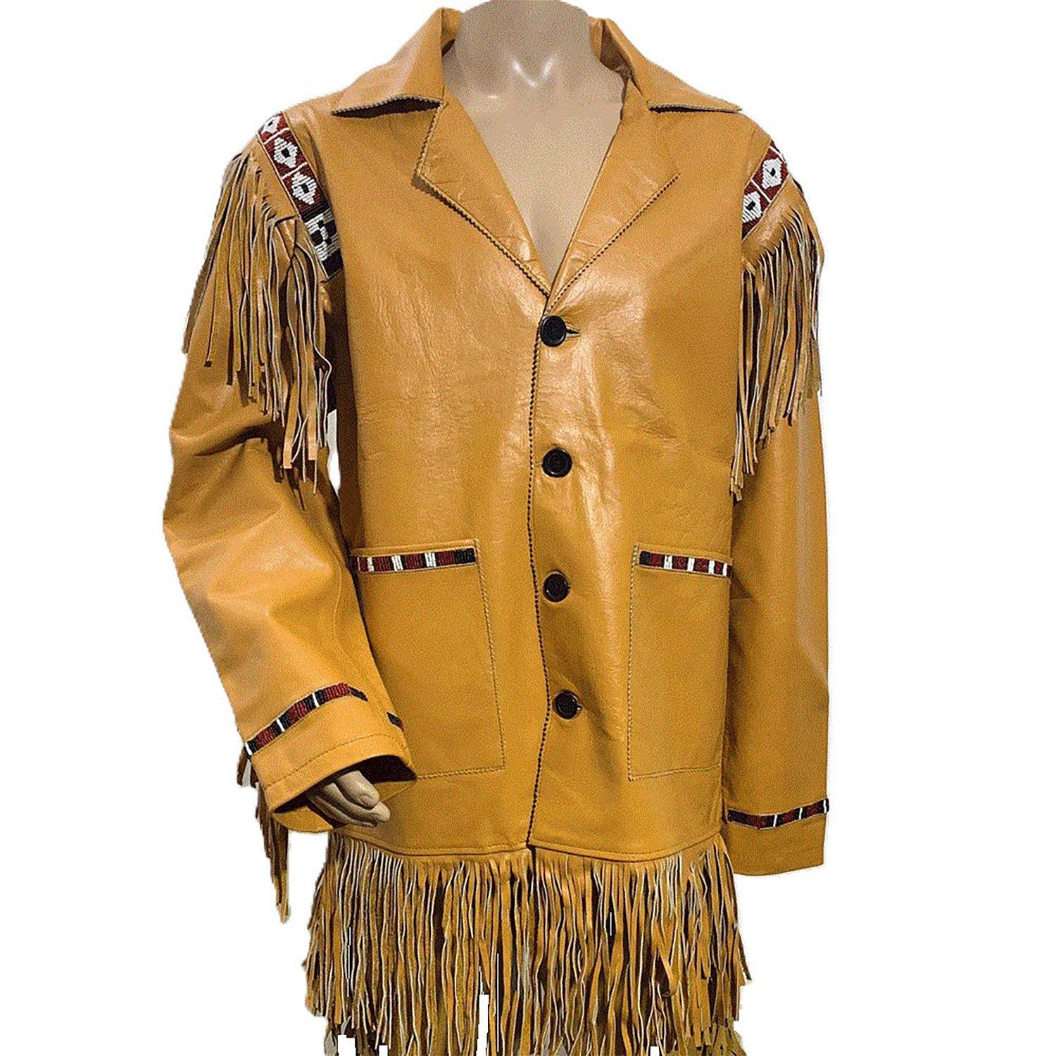 Yellow leather jacket with fringes and decorative elements on a mannequin against a white background - Native Leather Shop