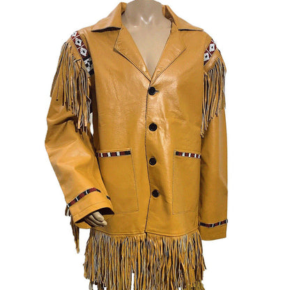Yellow leather jacket with fringes and decorative elements on a mannequin against a white background - Native Leather Shop