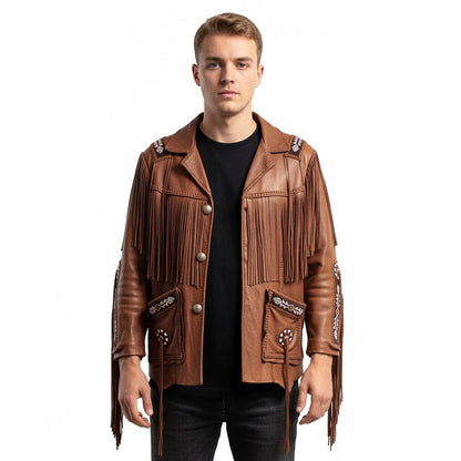 Man wearing a brown leather jacket with fringe details - Native Leather Shop