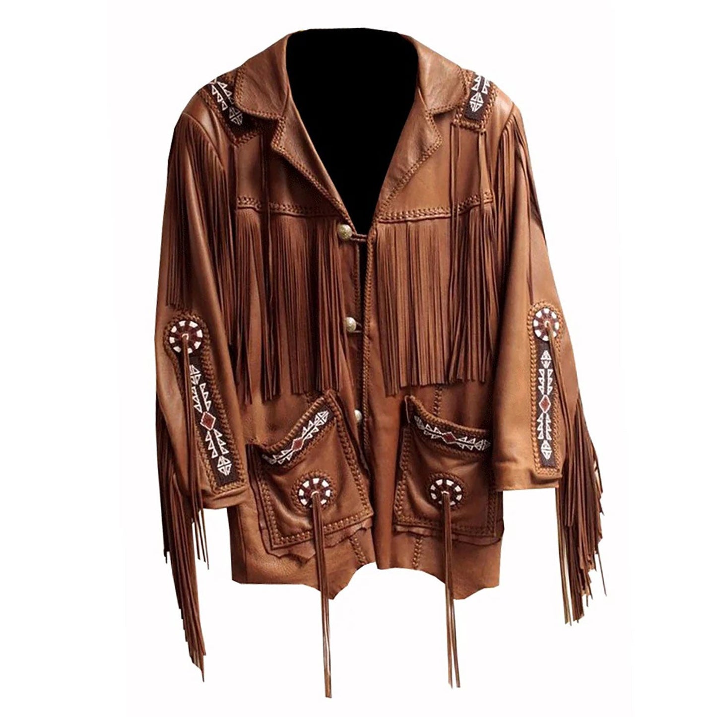 Brown leather jacket with fringes and embroidery - Native Leather Shop