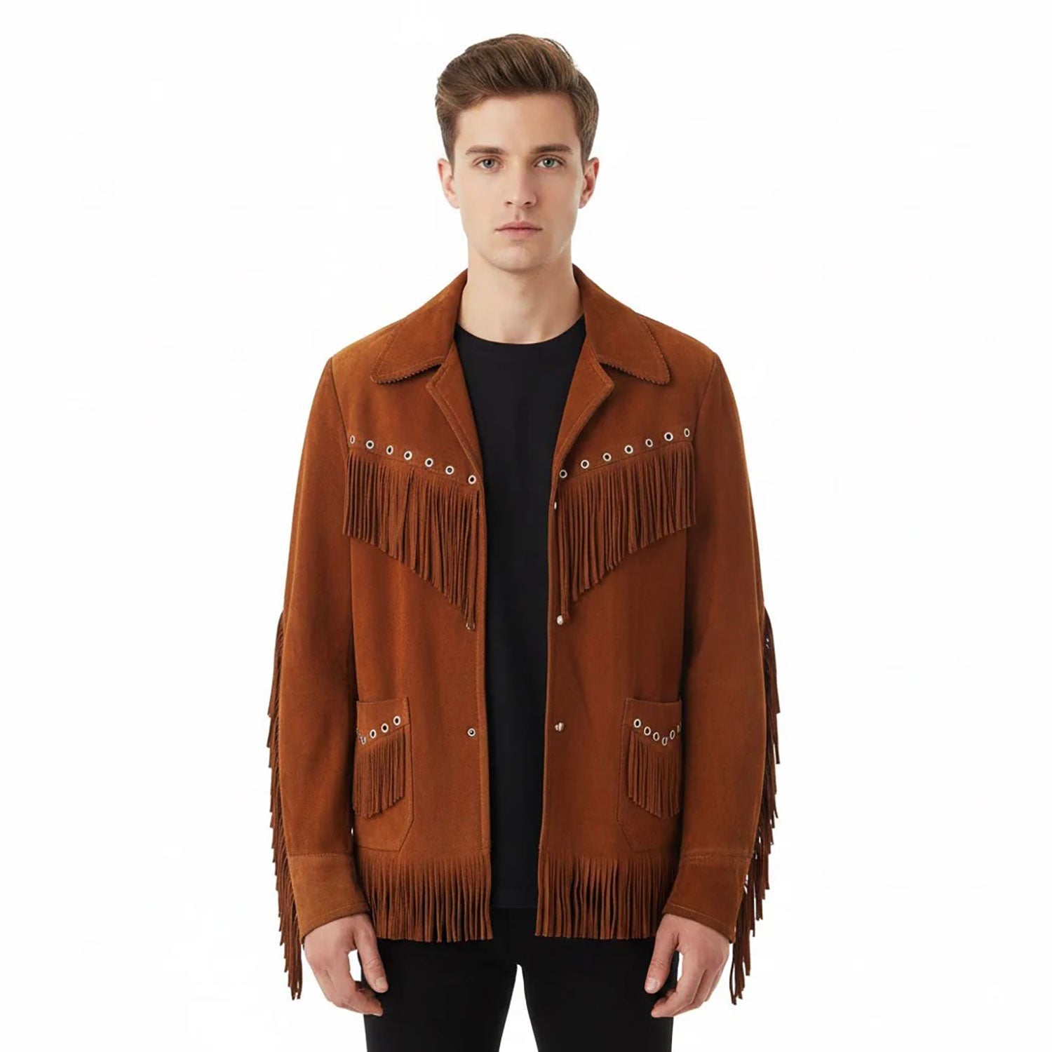 Man wearing a brown fringed jacket - Native Leather Shop