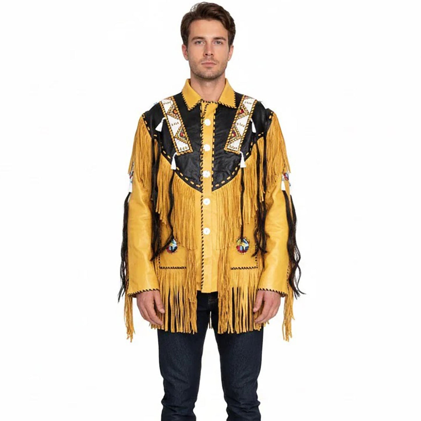 Man wearing a yellow fringed jacket with black and white details - Native Leather Shop