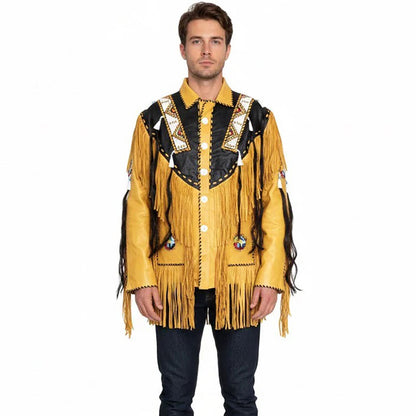 Man wearing a yellow fringed jacket with black and white details - Native Leather Shop