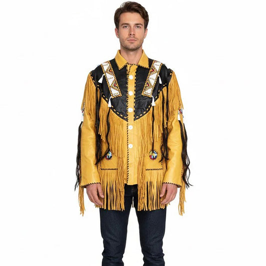 Man wearing a yellow fringed jacket with black and white details - Native Leather Shop