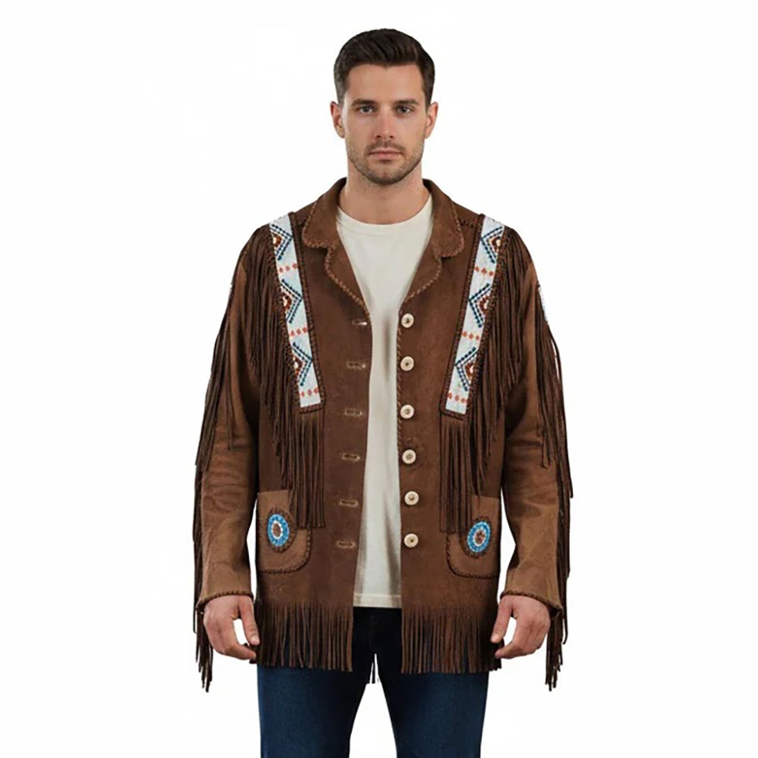 Man wearing a brown fringed jacket with decorative elements - Native Leather Shop