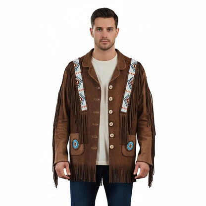 Man wearing a brown fringed jacket with decorative elements - Native Leather Shop