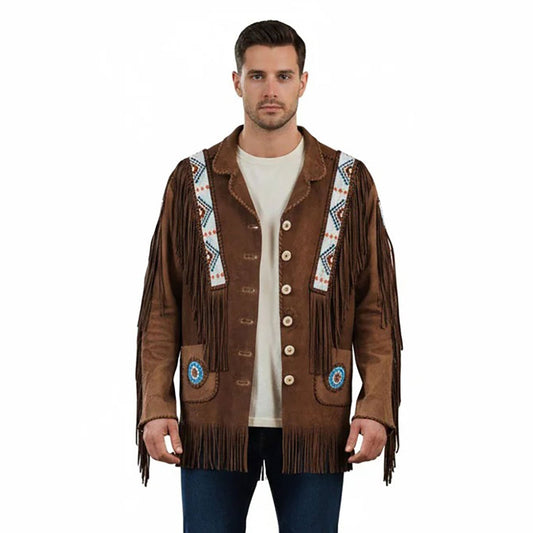Man wearing a brown fringed jacket with decorative elements - Native Leather Shop