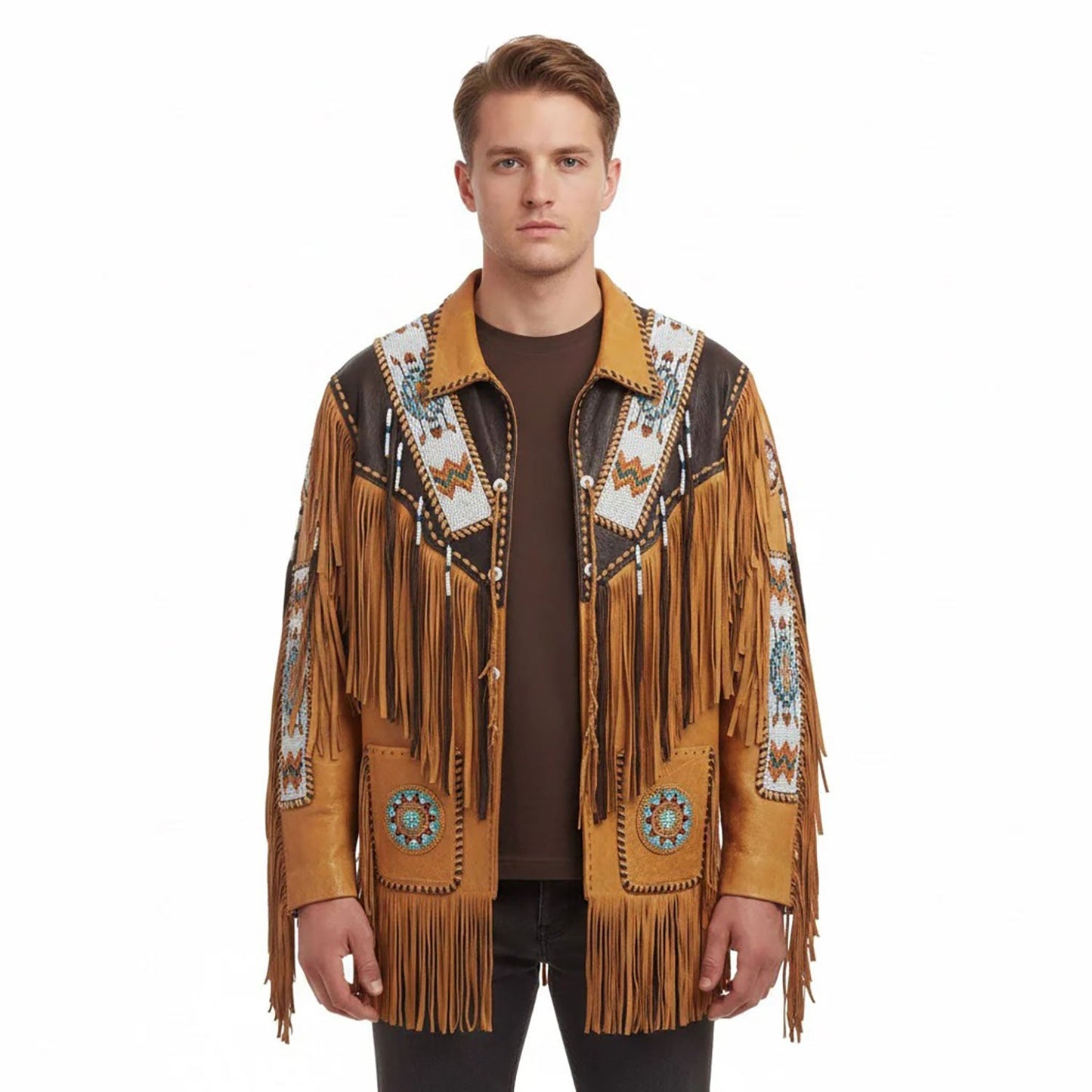 Man wearing a fringed western-style jacket - Native Leather Shop
