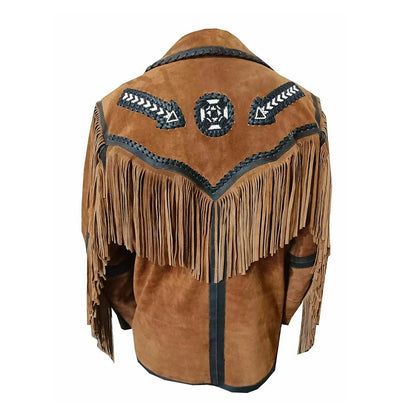Brown Western Suede Leather Fringe Arrow Beaded Cowboy Jacket NLS-197