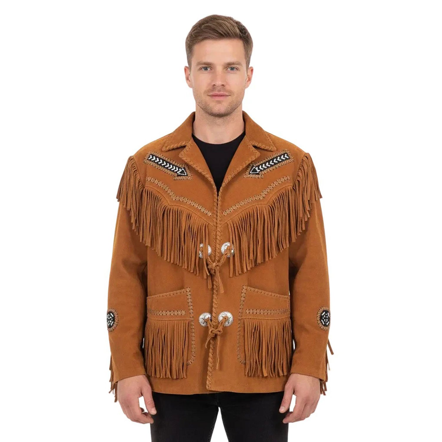 Man wearing a brown fringed jacket with decorative elements - Native Leather Shop