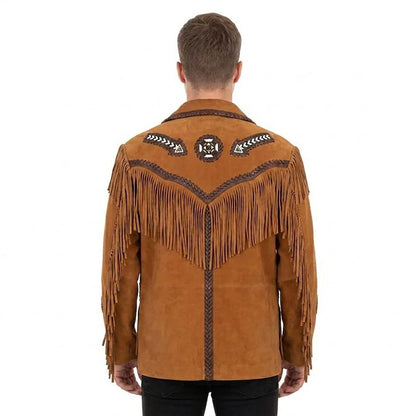 Brown Western Suede Leather Fringe Arrow Beaded Cowboy Jacket NLS-198