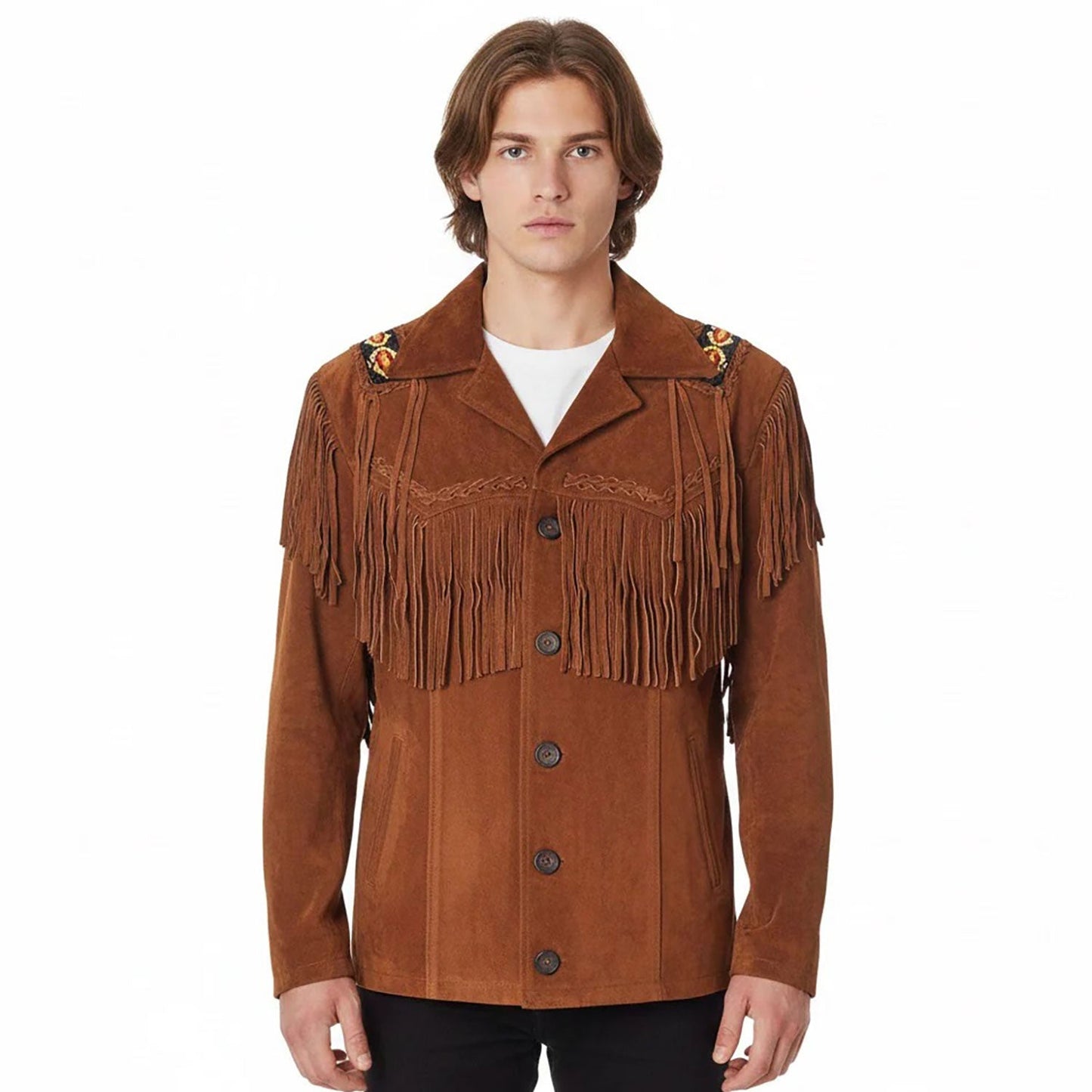 Brown Western Suede Leather Fringe Beaded Cowboy Jacket NLS-131