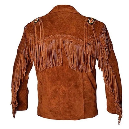 Brown Western Suede Leather Fringe Beaded Cowboy Jacket NLS-131