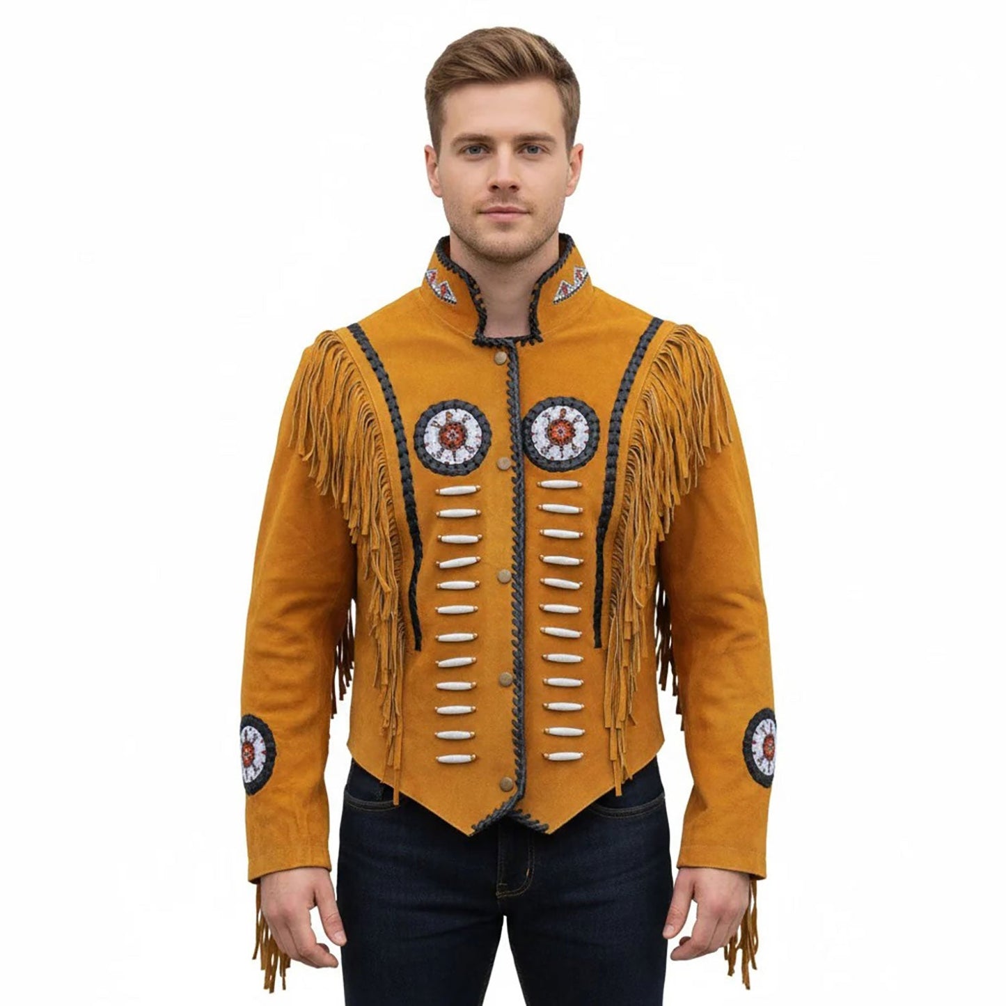 Brown Western Suede Leather Fringe Beaded Cowboy Jacket NLS-133