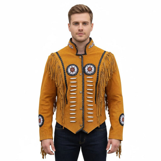 Brown Western Suede Leather Fringe Beaded Cowboy Jacket NLS-133