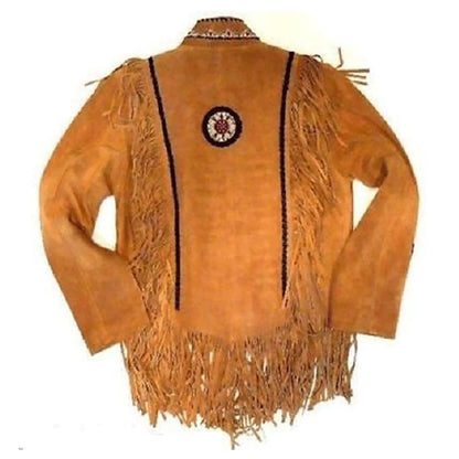 Brown Western Suede Leather Fringe Beaded Cowboy Jacket NLS-133