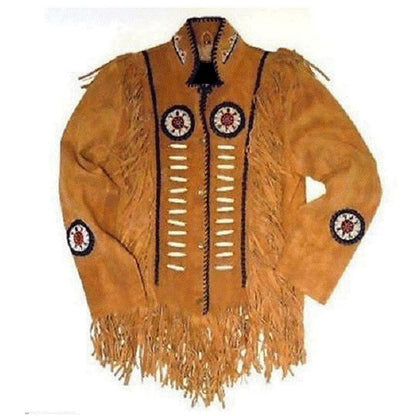 Brown Western Suede Leather Fringe Beaded Cowboy Jacket NLS-133
