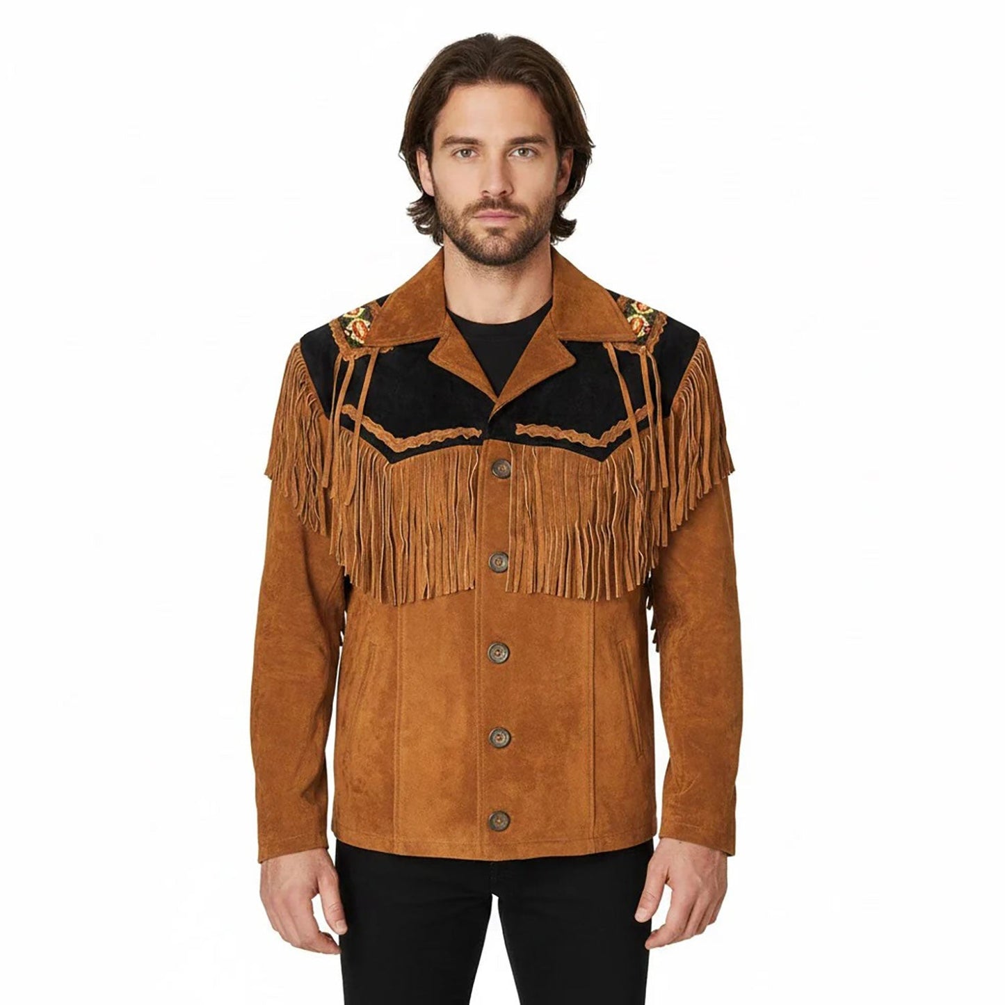 Brown Western Suede Leather Fringe Beaded Cowboy Jacket NLS-134
