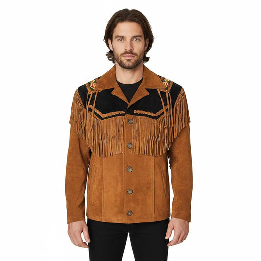 Brown Western Suede Leather Fringe Beaded Cowboy Jacket NLS-134