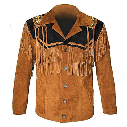 Brown Western Suede Leather Fringe Beaded Cowboy Jacket NLS-134