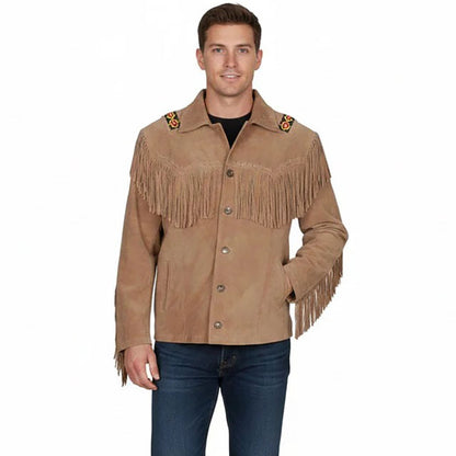 Brown Western Suede Leather Fringe Beaded Cowboy Jacket NLS-136